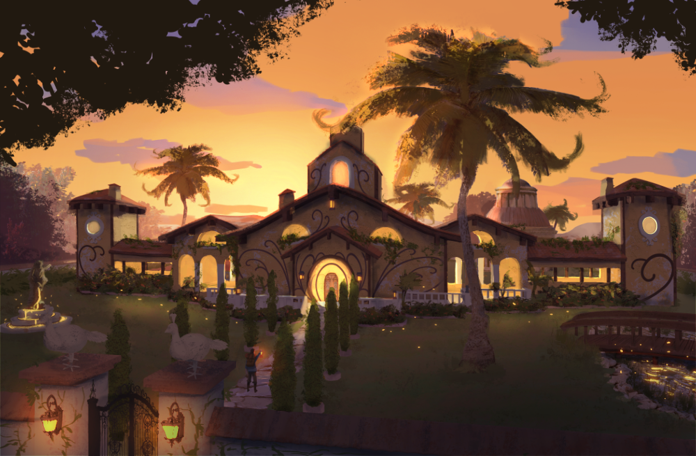 Exterior of magical villa in sunset glow